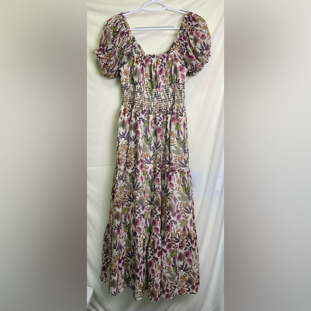 Juliet Dress - Smocked Waist Floral Midi Dress in Cream - Picture 10 of 11